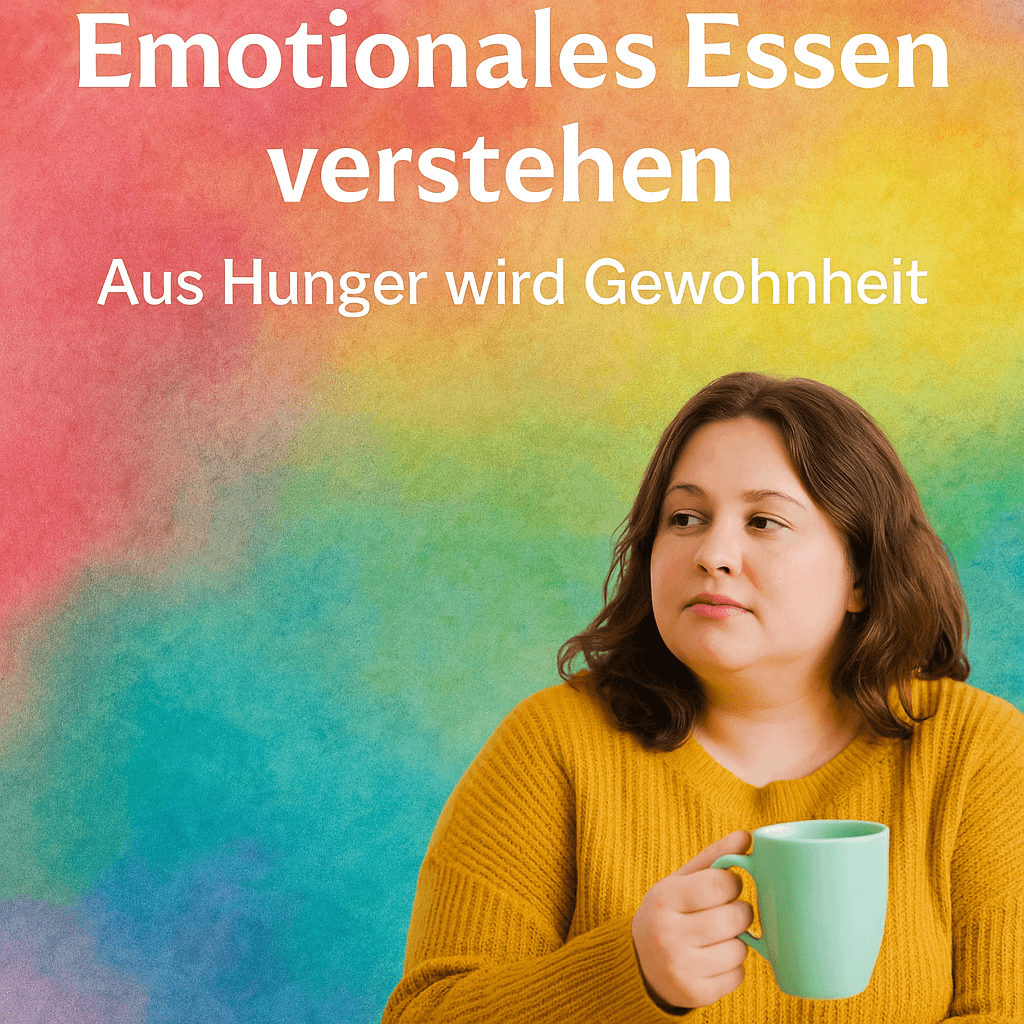 Frau im gelben Shirt hält eine Tasse vor farbigem Hintergrund